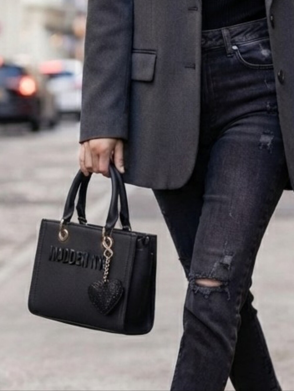Madden NYC Black Top-Handle Satchel with Heart Charm